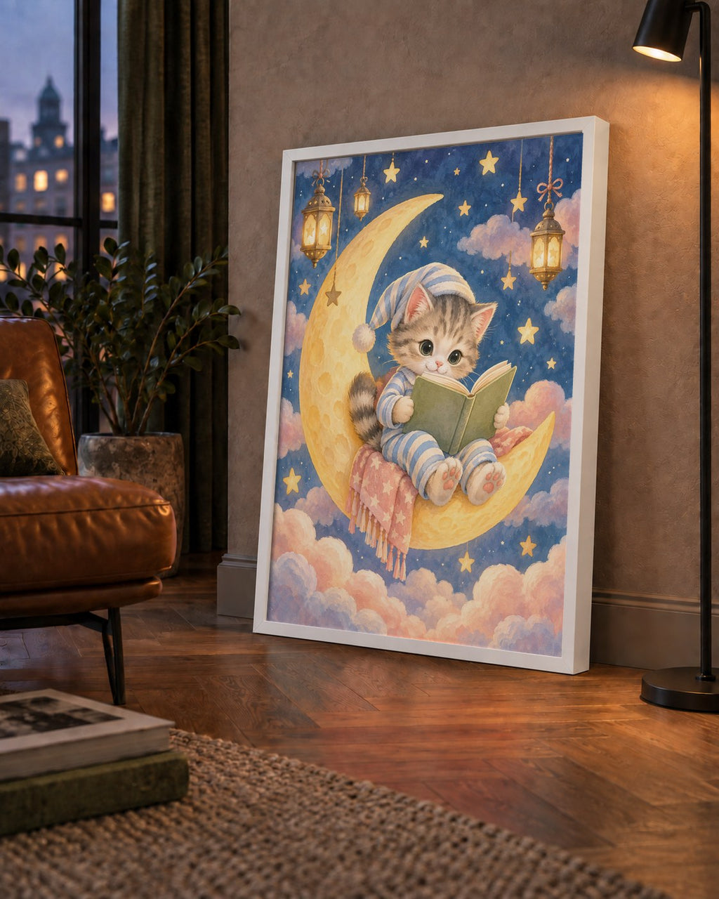 Ayda Kitap Okuyan Sevimli Kedi Pastel Poster