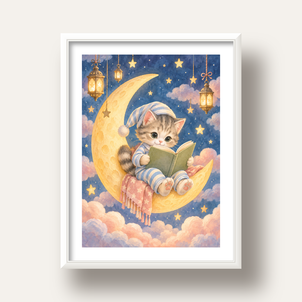 Ayda Kitap Okuyan Sevimli Kedi Pastel Poster — beyaz derin çerçeveli paspartulu