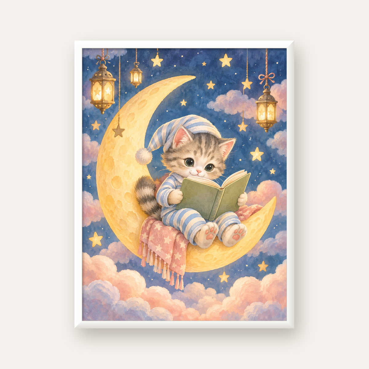 Ayda Kitap Okuyan Sevimli Kedi Pastel Poster — beyaz çerçeveli dikey poster