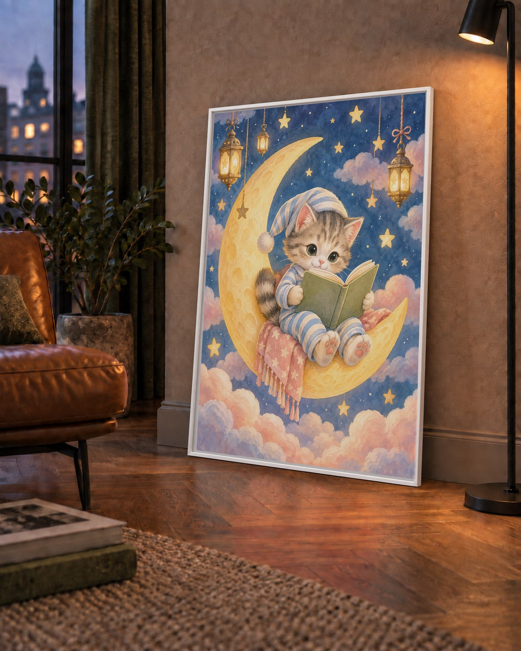 Ayda Kitap Okuyan Sevimli Kedi Pastel Poster