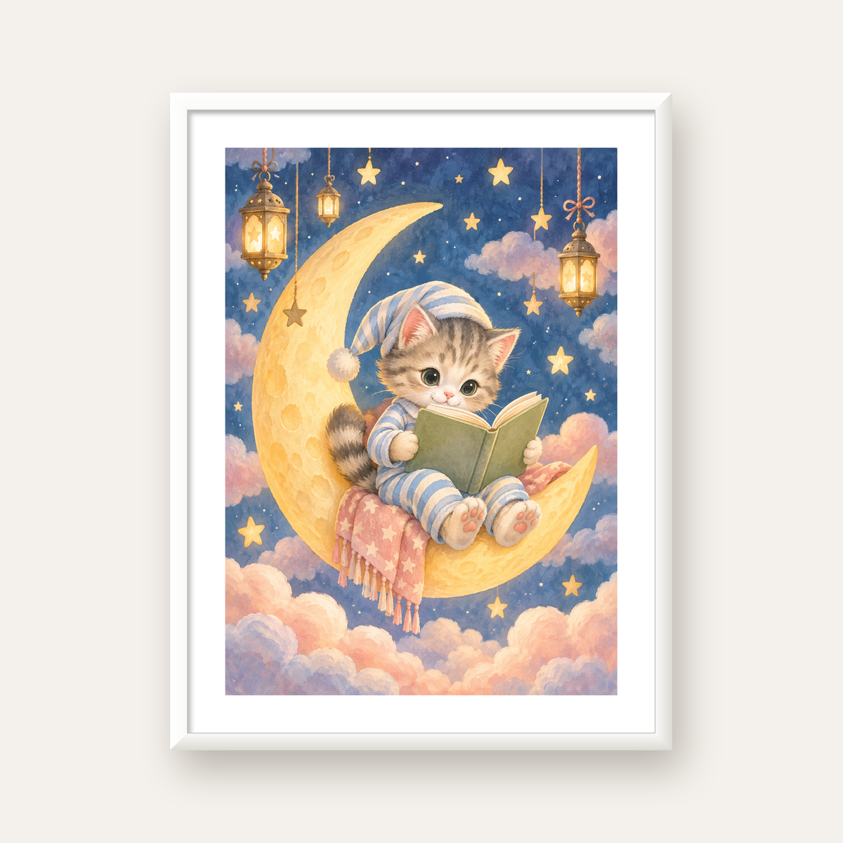 Ayda Kitap Okuyan Sevimli Kedi Pastel Poster — beyaz çerçeveli dikey poster