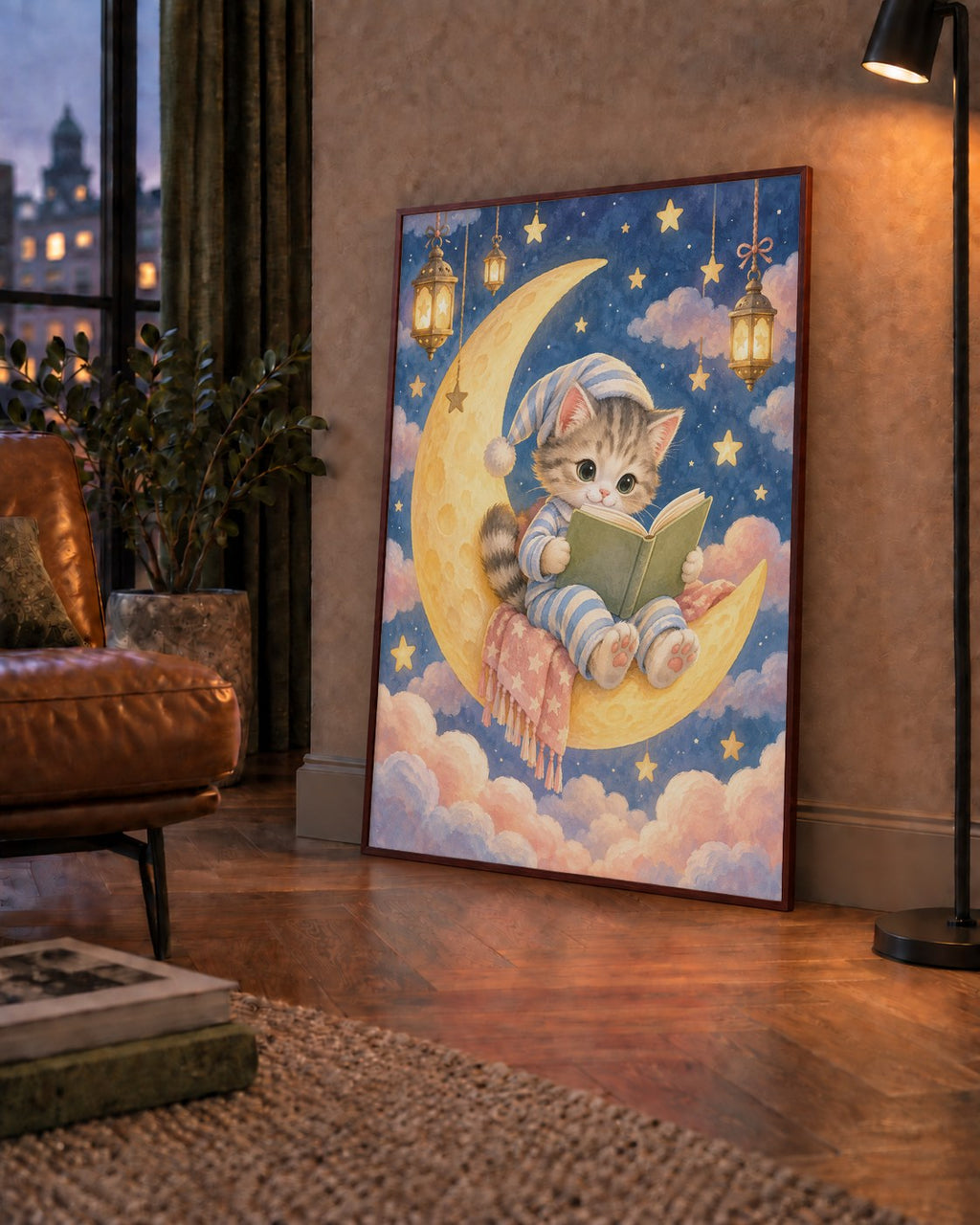 Ayda Kitap Okuyan Sevimli Kedi Pastel Poster
