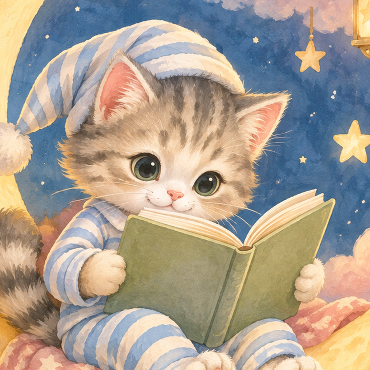 Ayda Kitap Okuyan Sevimli Kedi Pastel Poster — baskının yakın çekimi, kâğıt dokusu ve renk detayı
