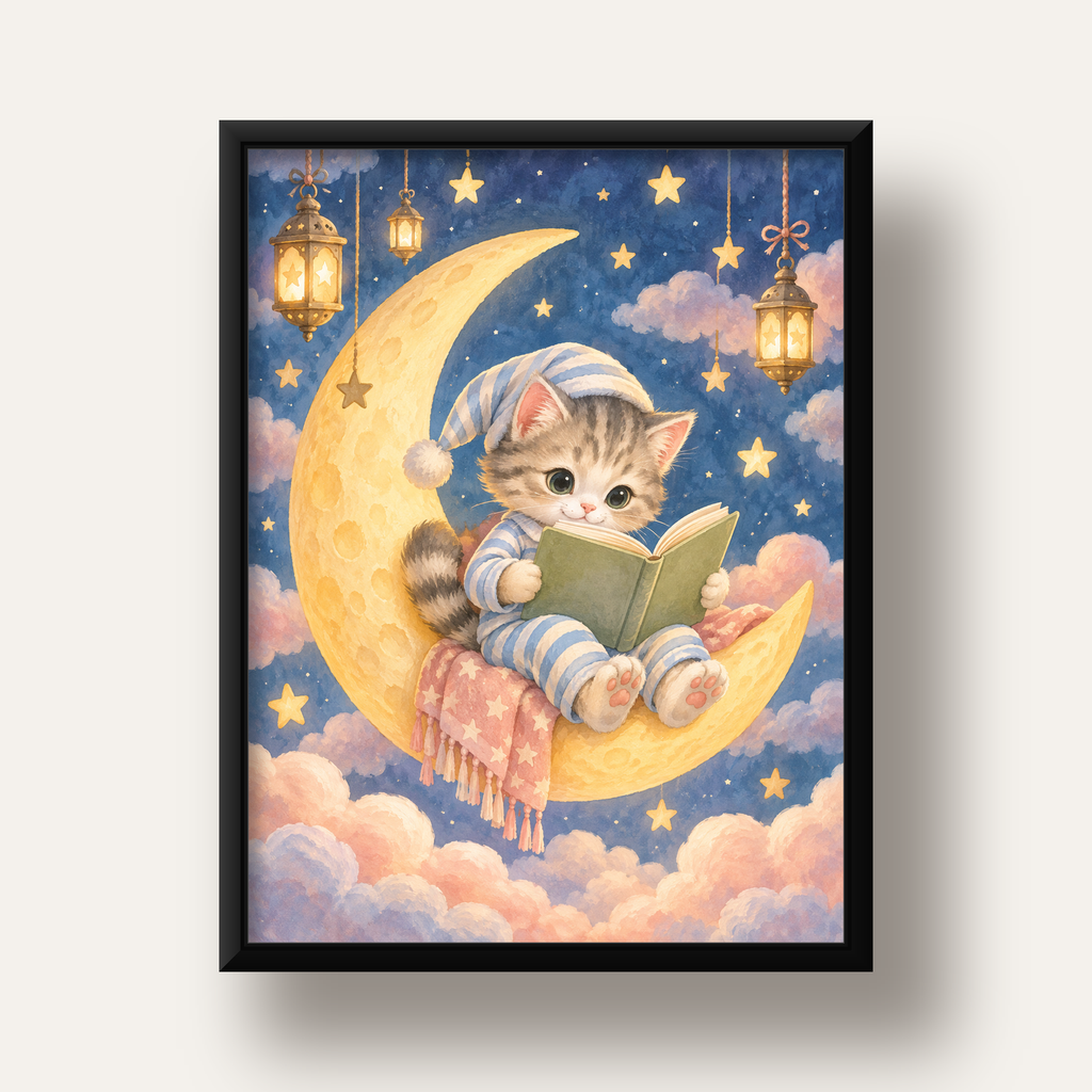 Ayda Kitap Okuyan Sevimli Kedi Pastel Poster — siyah derin çerçeveli