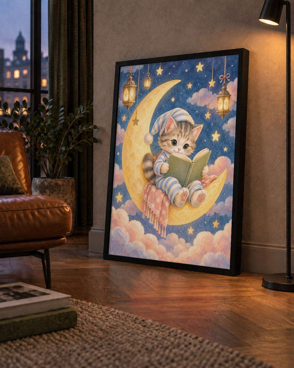 Ayda Kitap Okuyan Sevimli Kedi Pastel Poster
