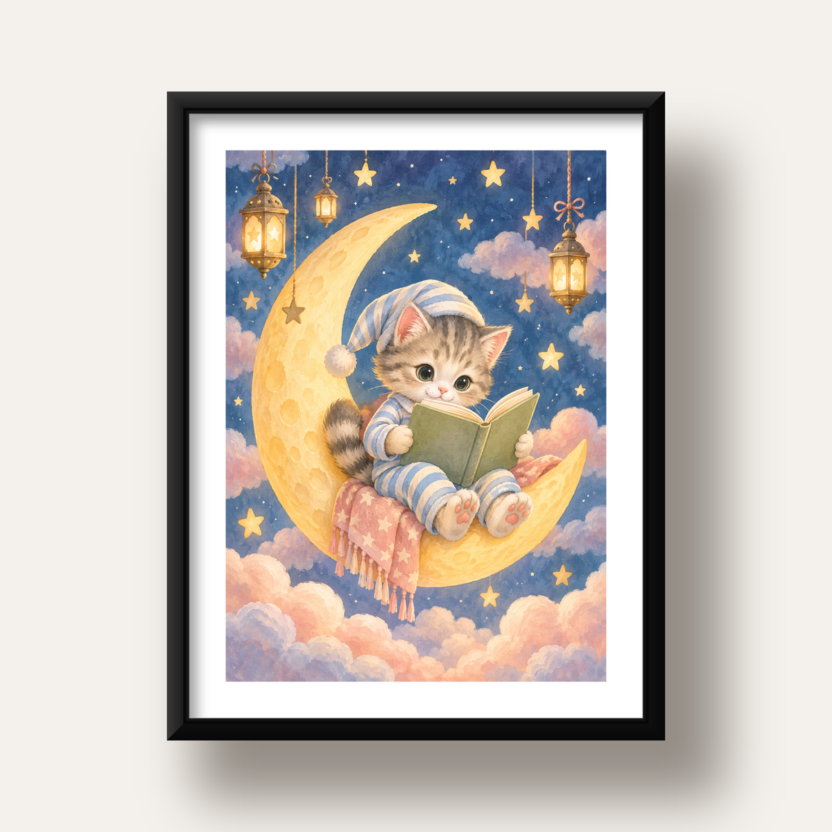 Ayda Kitap Okuyan Sevimli Kedi Pastel Poster — siyah derin çerçeveli paspartulu