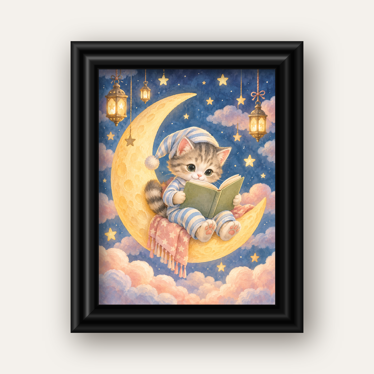 Ayda Kitap Okuyan Sevimli Kedi Pastel Poster — siyah galeri çerçeveli