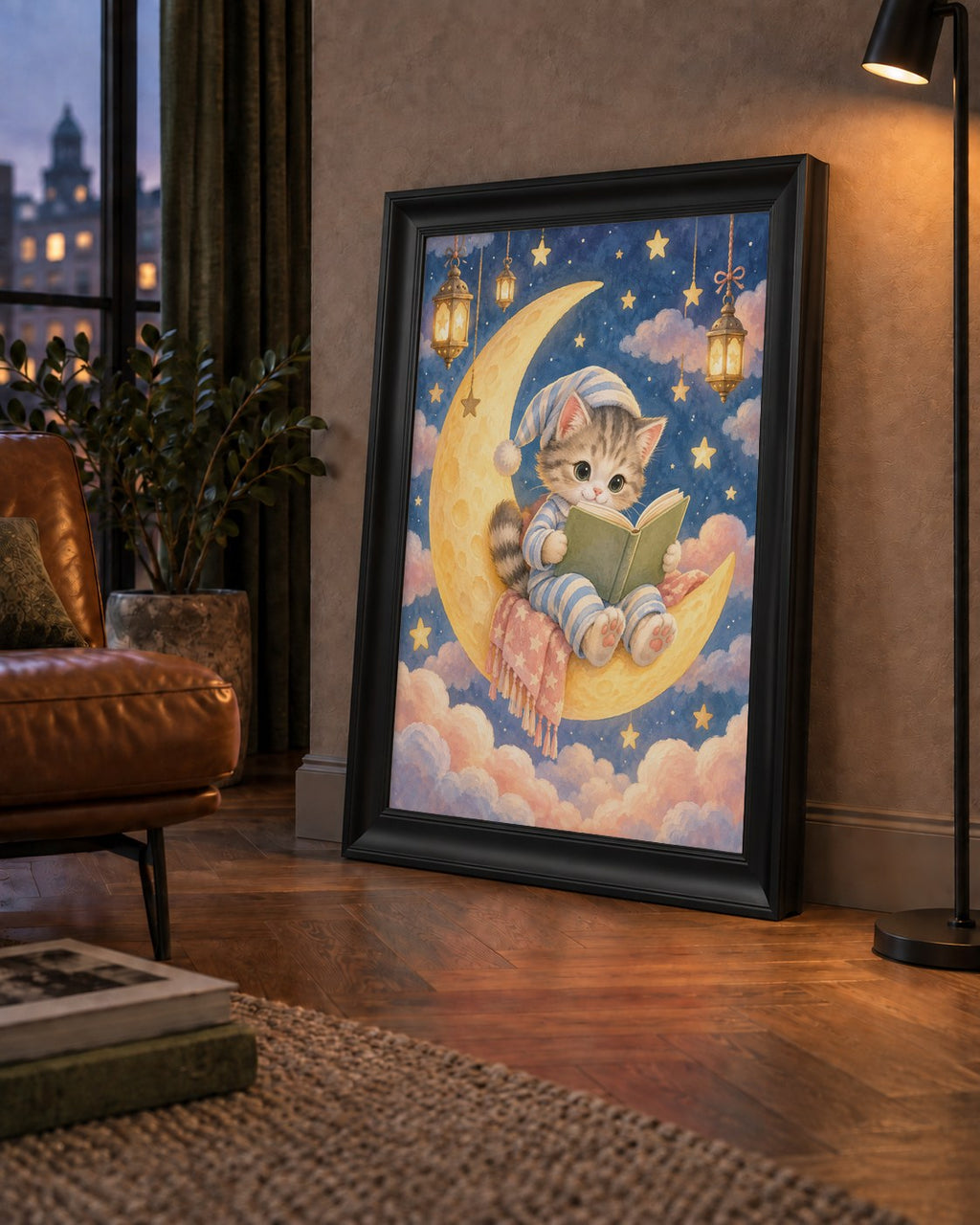 Ayda Kitap Okuyan Sevimli Kedi Pastel Poster