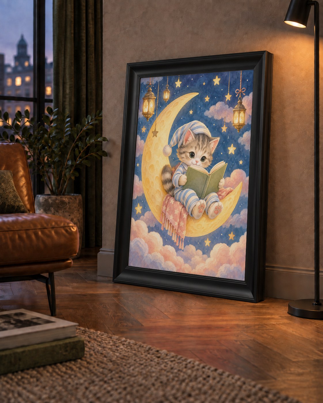 Ayda Kitap Okuyan Sevimli Kedi Pastel Poster