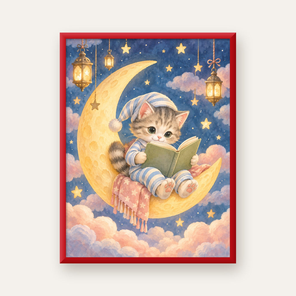 Ayda Kitap Okuyan Sevimli Kedi Pastel Poster — kırmızı çerçeveli