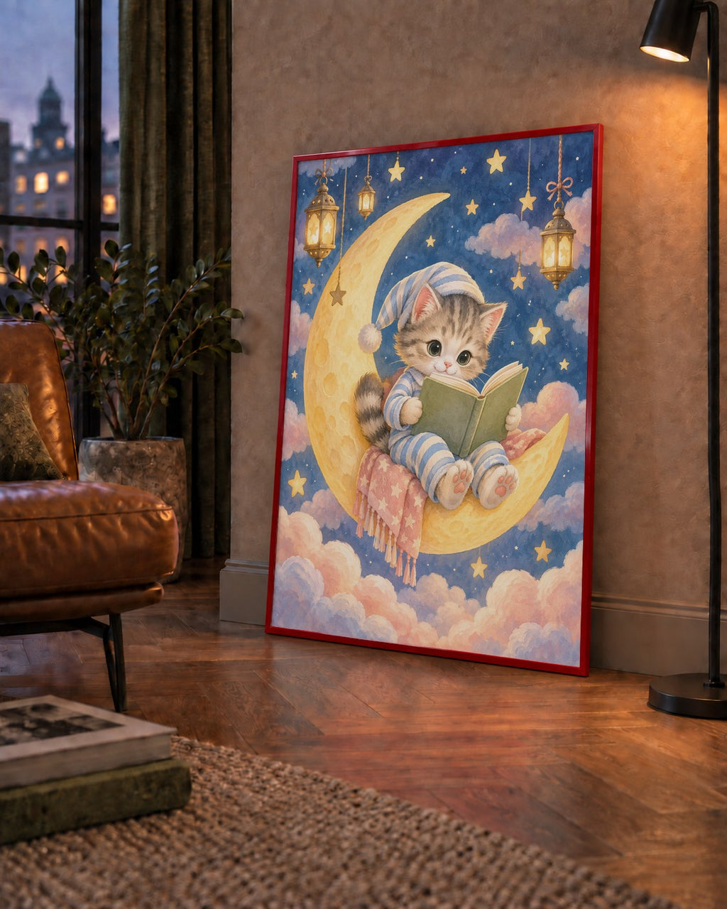 Ayda Kitap Okuyan Sevimli Kedi Pastel Poster