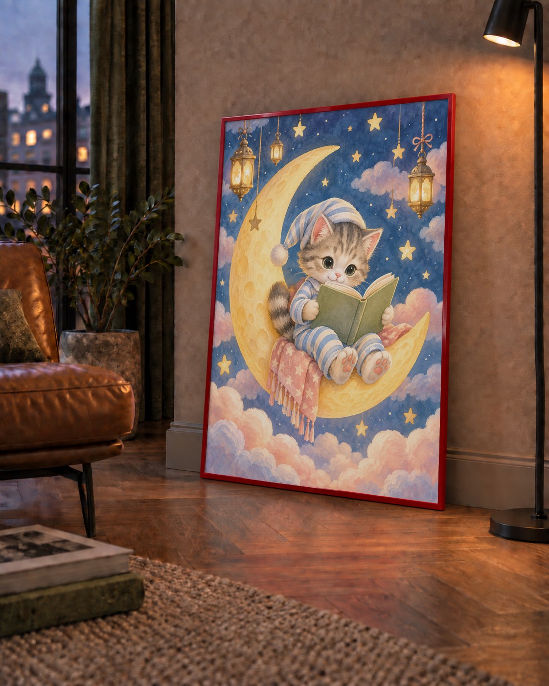 Ayda Kitap Okuyan Sevimli Kedi Pastel Poster