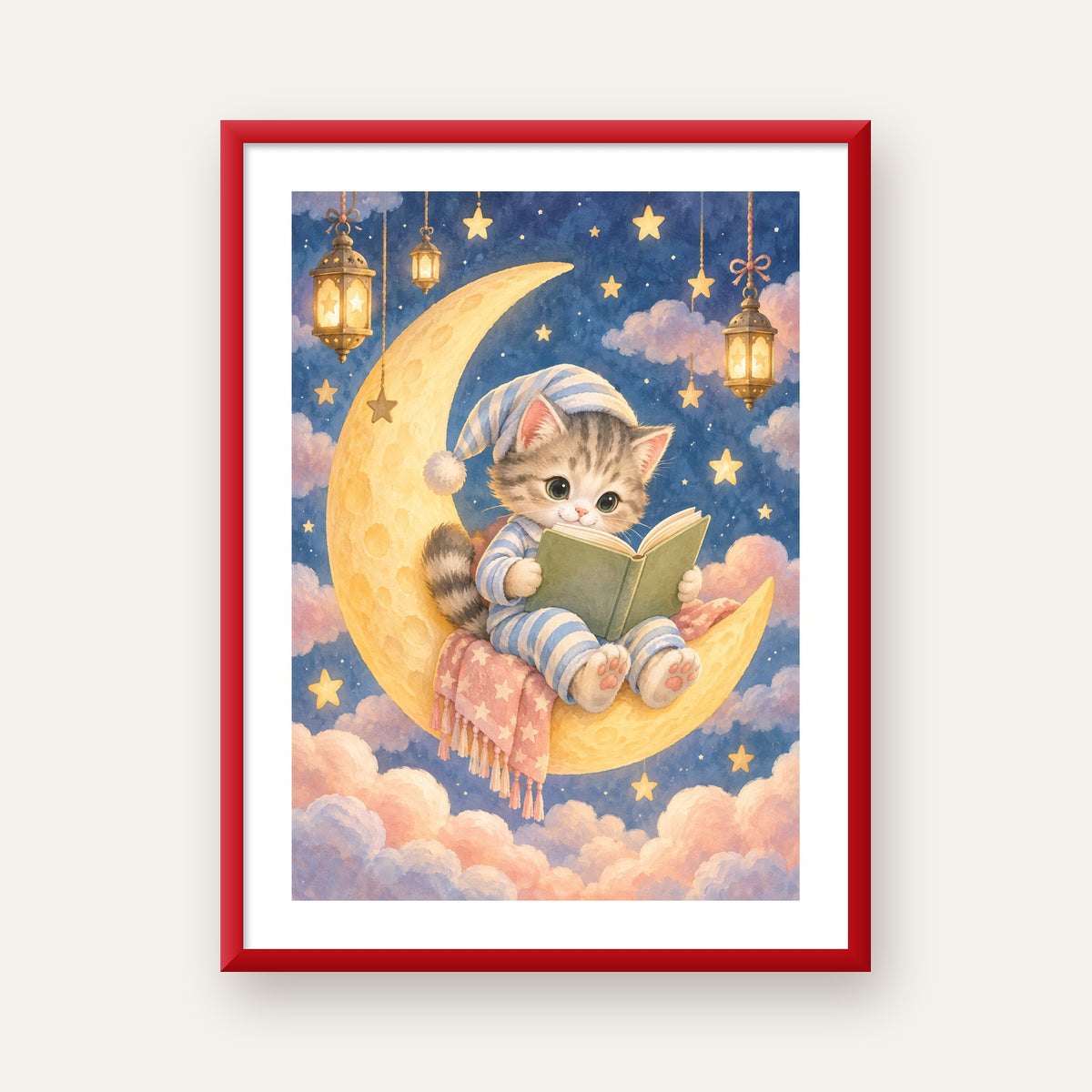 Ayda Kitap Okuyan Sevimli Kedi Pastel Poster — kırmızı çerçeveli paspartulu