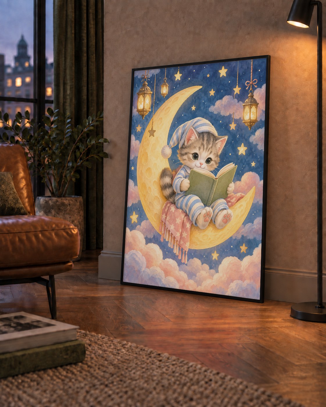 Ayda Kitap Okuyan Sevimli Kedi Pastel Poster