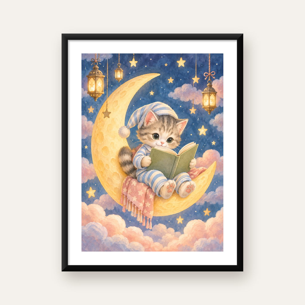Ayda Kitap Okuyan Sevimli Kedi Pastel Poster — Dikey baskı, beyaz paspartulu