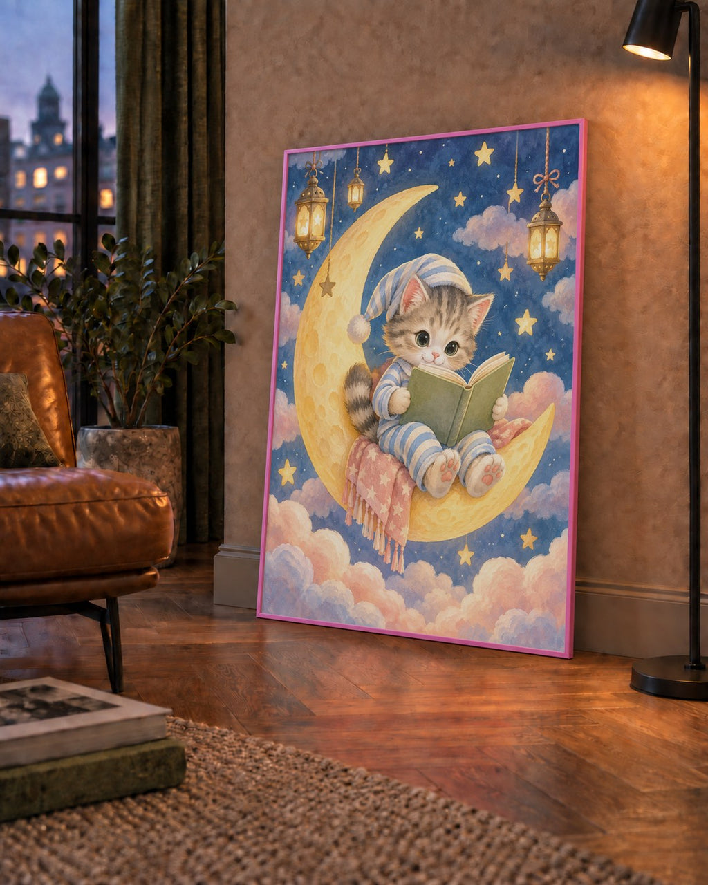 Ayda Kitap Okuyan Sevimli Kedi Pastel Poster