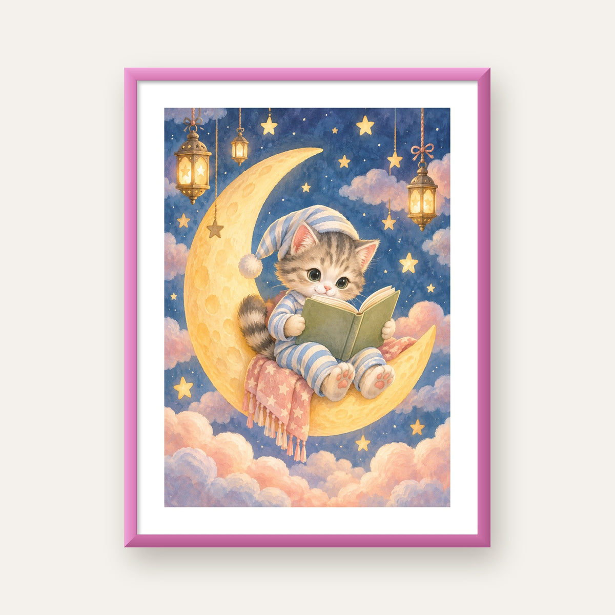 Ayda Kitap Okuyan Sevimli Kedi Pastel Poster — pembe çerçeveli paspartulu