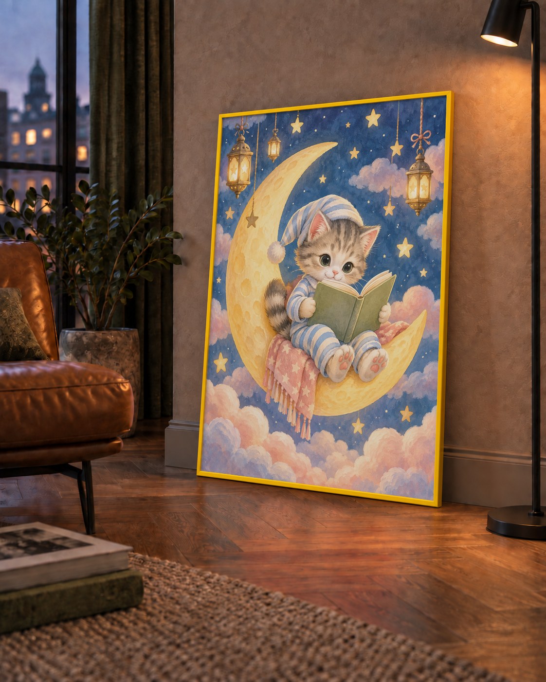 Ayda Kitap Okuyan Sevimli Kedi Pastel Poster