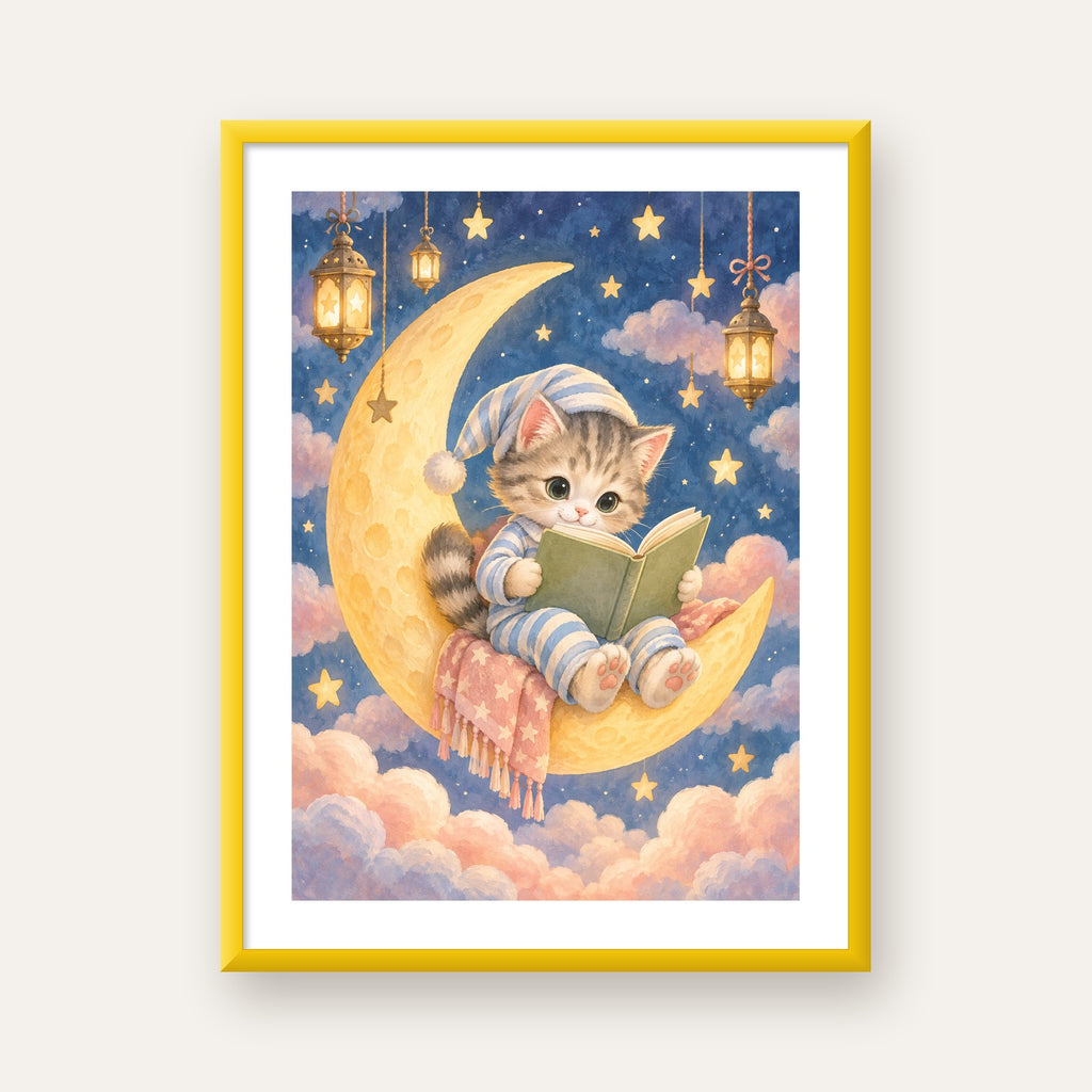 Ayda Kitap Okuyan Sevimli Kedi Pastel Poster — sarı çerçeveli paspartulu