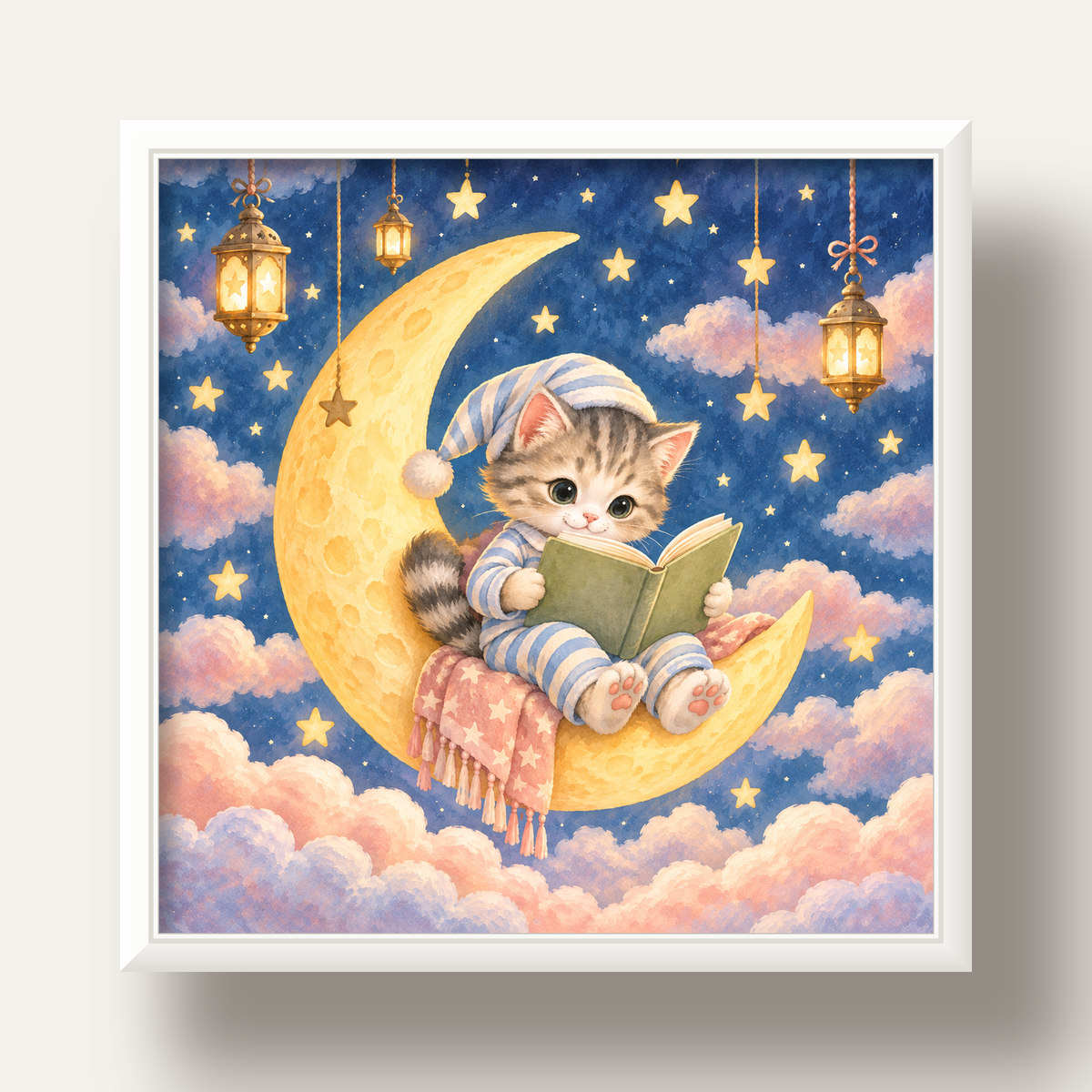 Ayda Kitap Okuyan Sevimli Kedi Pastel Poster — beyaz derin çerçeveli