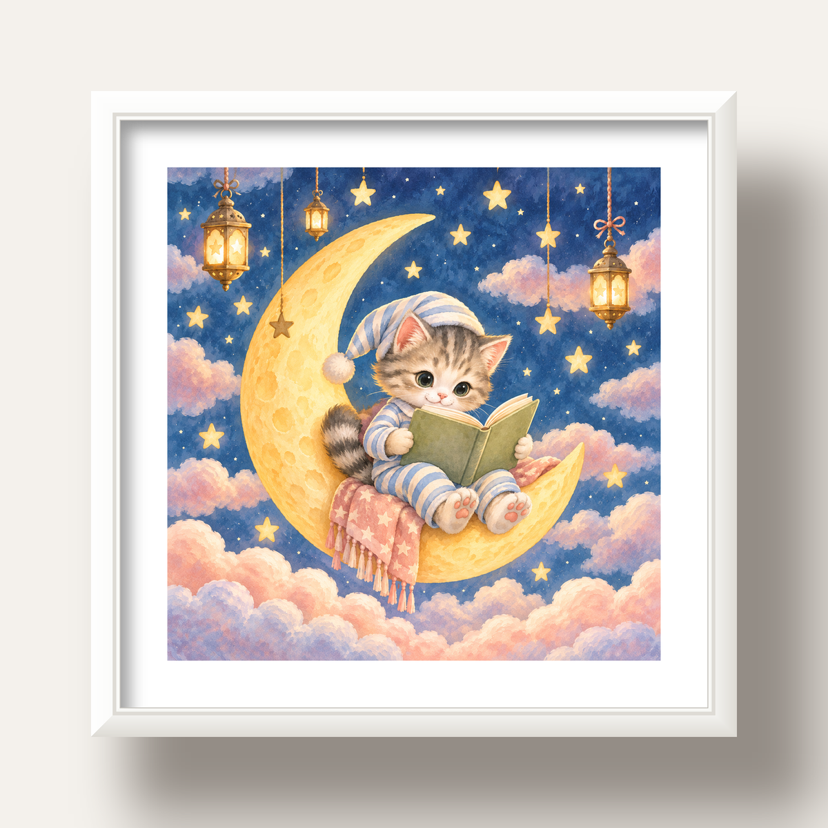 Ayda Kitap Okuyan Sevimli Kedi Pastel Poster — beyaz derin çerçeveli paspartulu