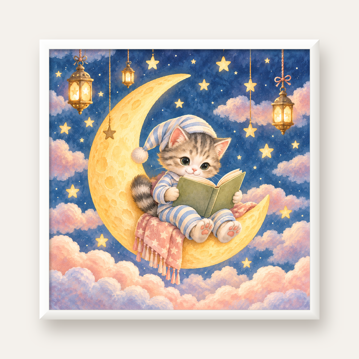 Ayda Kitap Okuyan Sevimli Kedi Pastel Poster — beyaz çerçeveli kare poster
