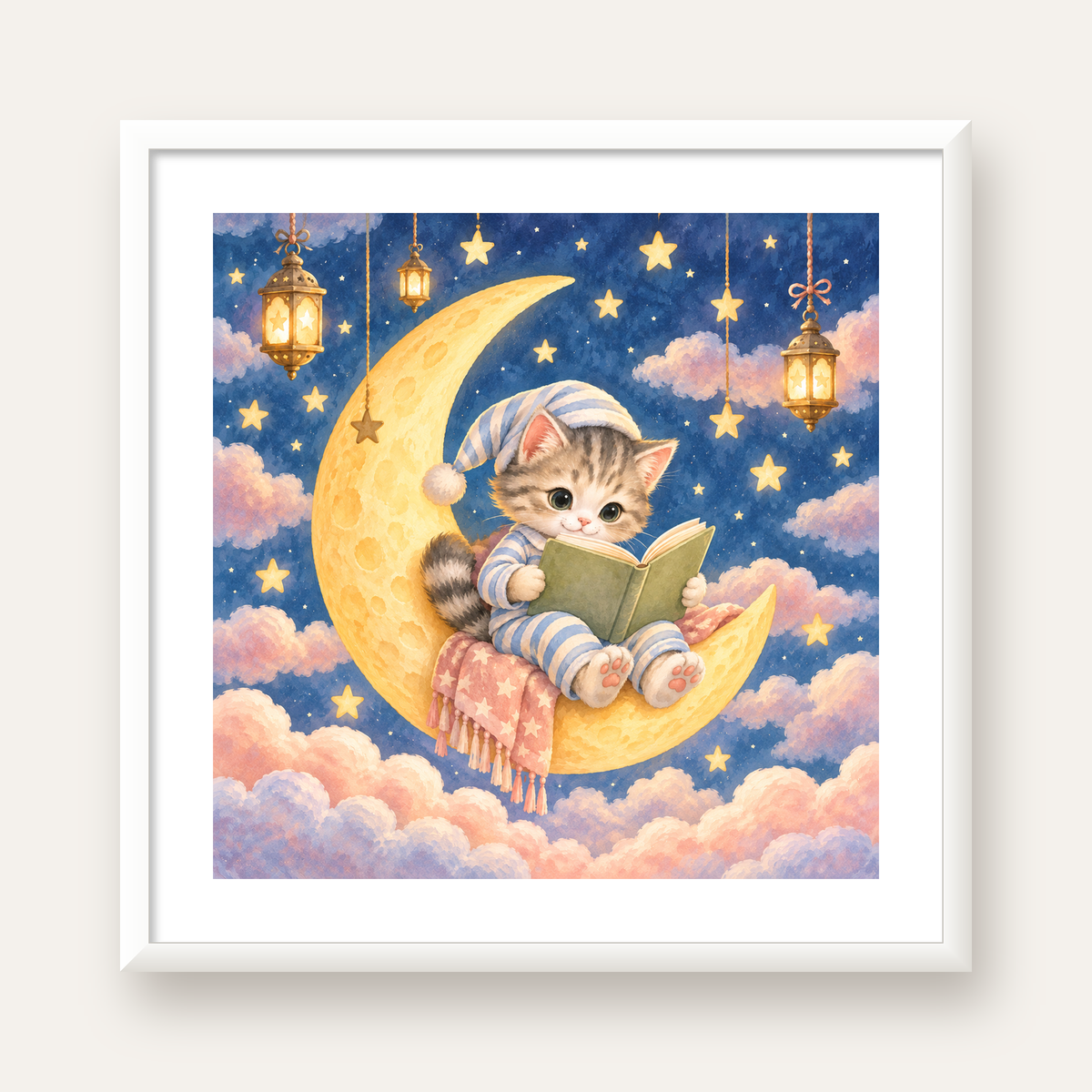Ayda Kitap Okuyan Sevimli Kedi Pastel Poster — beyaz çerçeveli kare poster