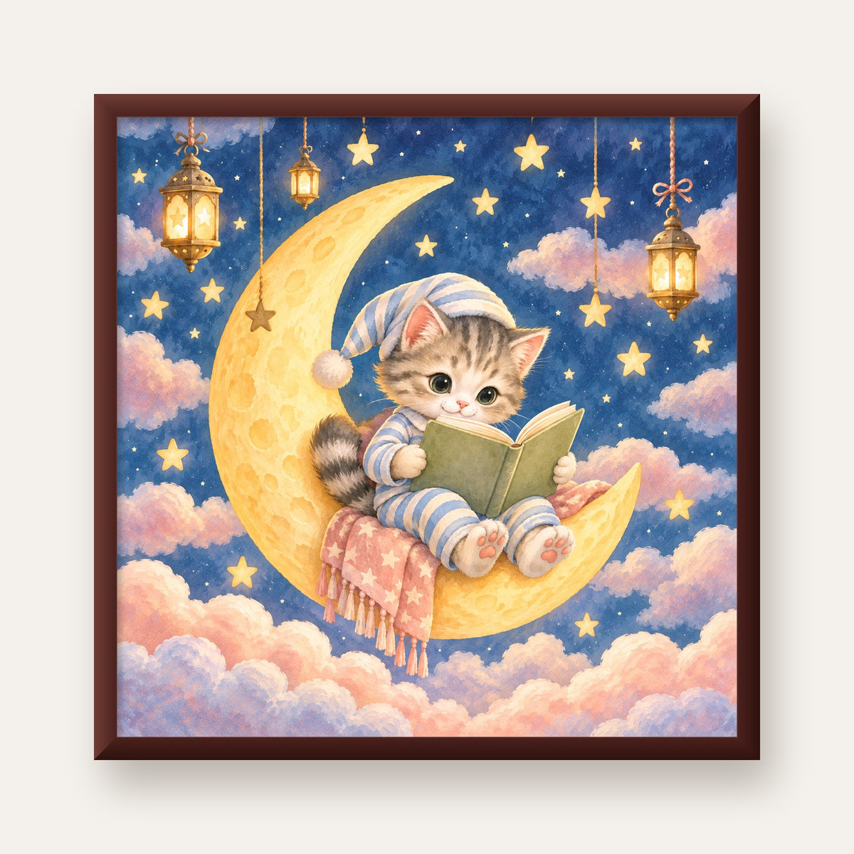 Ayda Kitap Okuyan Sevimli Kedi Pastel Poster — ceviz çerçeveli