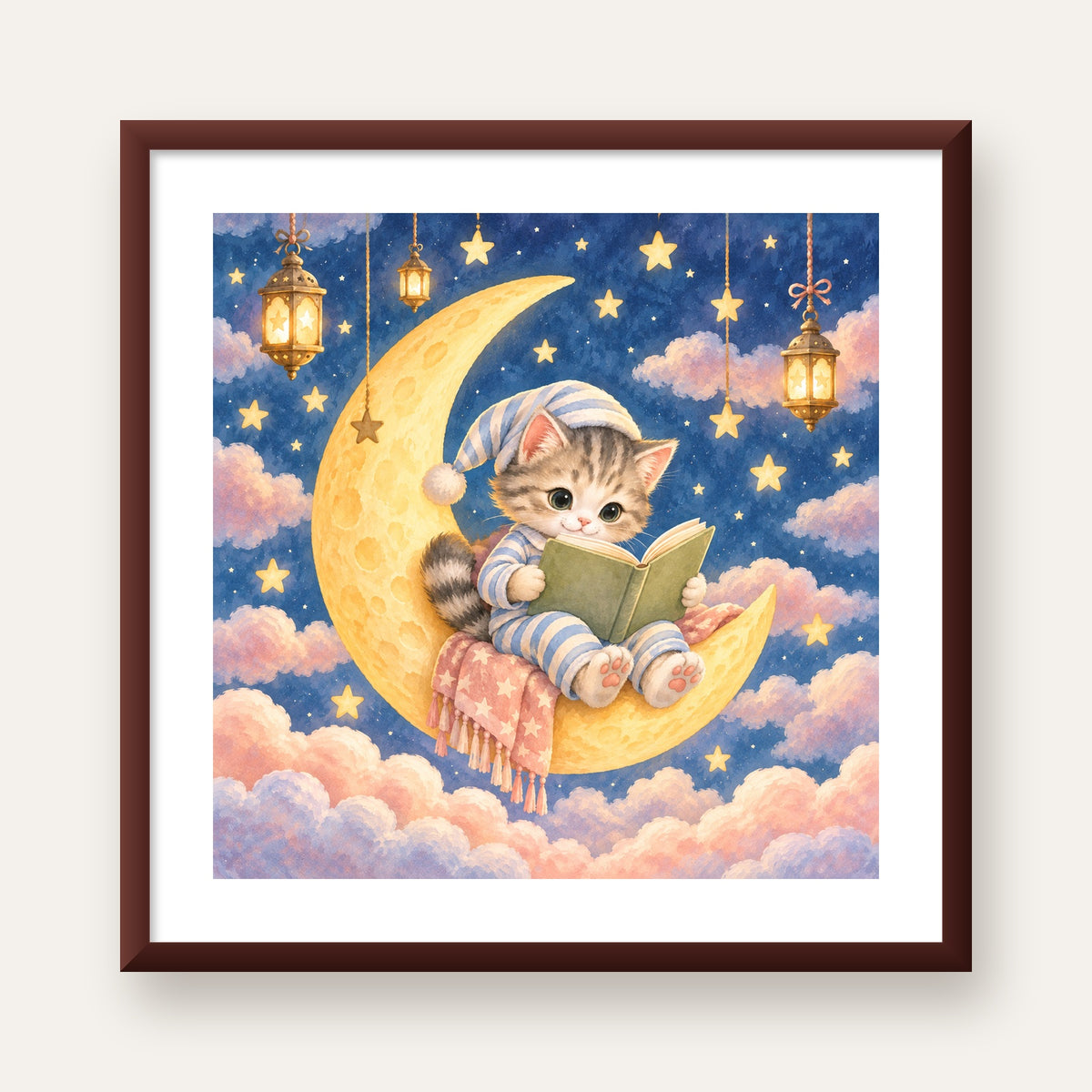 Ayda Kitap Okuyan Sevimli Kedi Pastel Poster — ceviz çerçeveli paspartulu