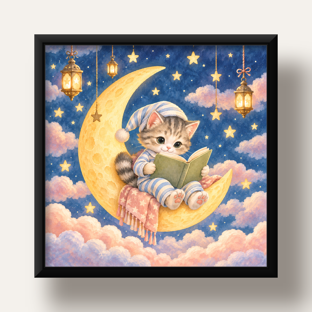 Ayda Kitap Okuyan Sevimli Kedi Pastel Poster — siyah derin çerçeveli