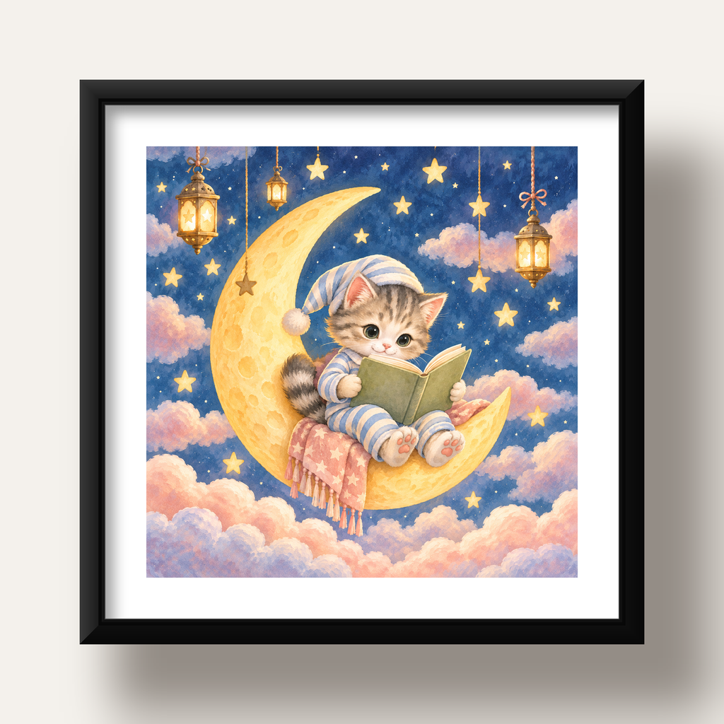 Ayda Kitap Okuyan Sevimli Kedi Pastel Poster — siyah derin çerçeveli paspartulu