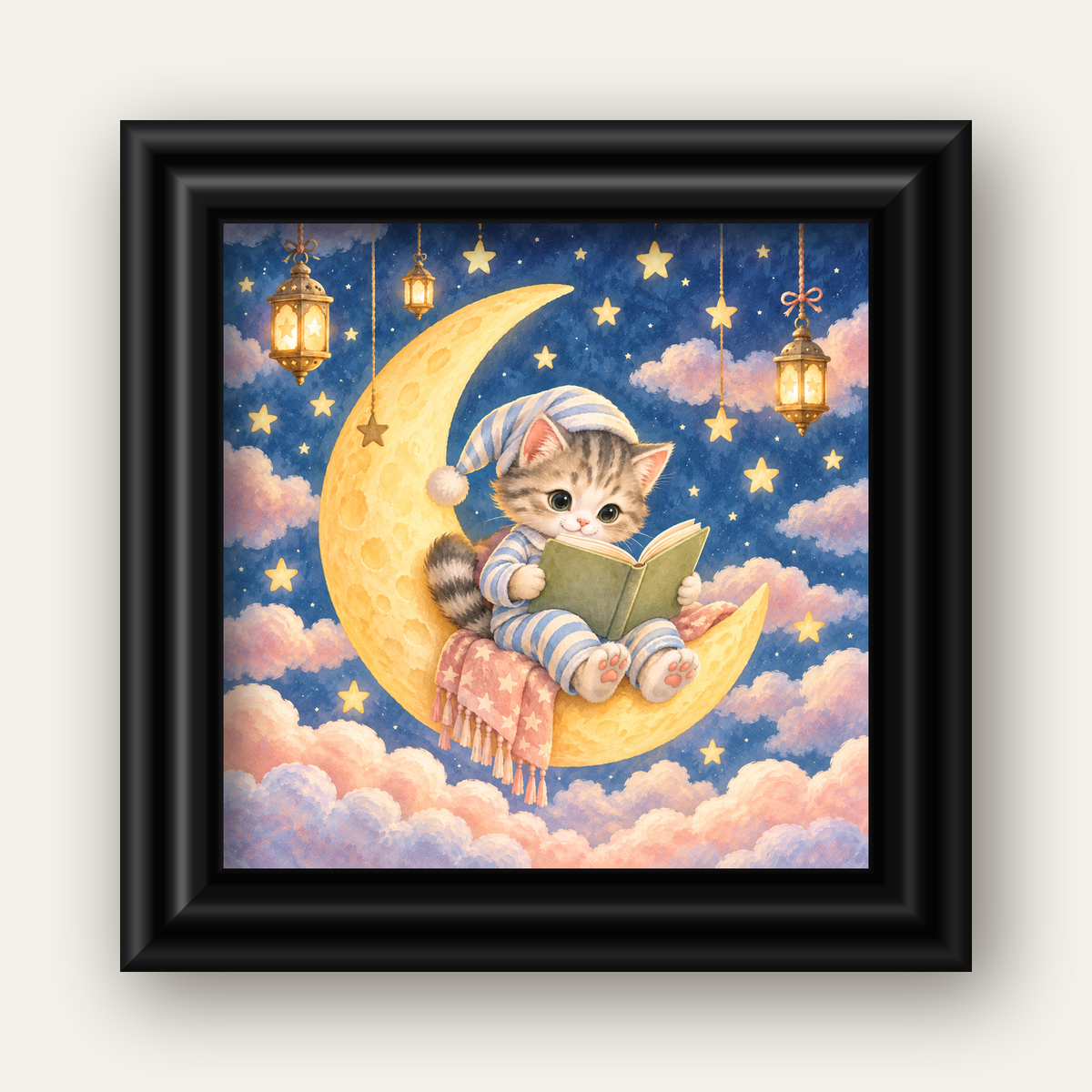 Ayda Kitap Okuyan Sevimli Kedi Pastel Poster — siyah galeri çerçeveli
