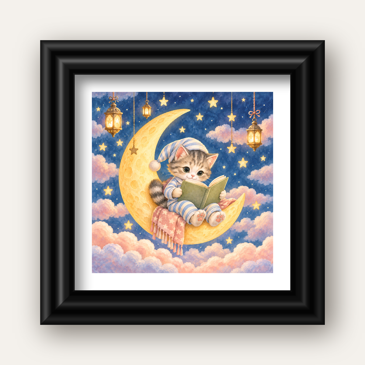 Ayda Kitap Okuyan Sevimli Kedi Pastel Poster — siyah galeri çerçeveli paspartulu