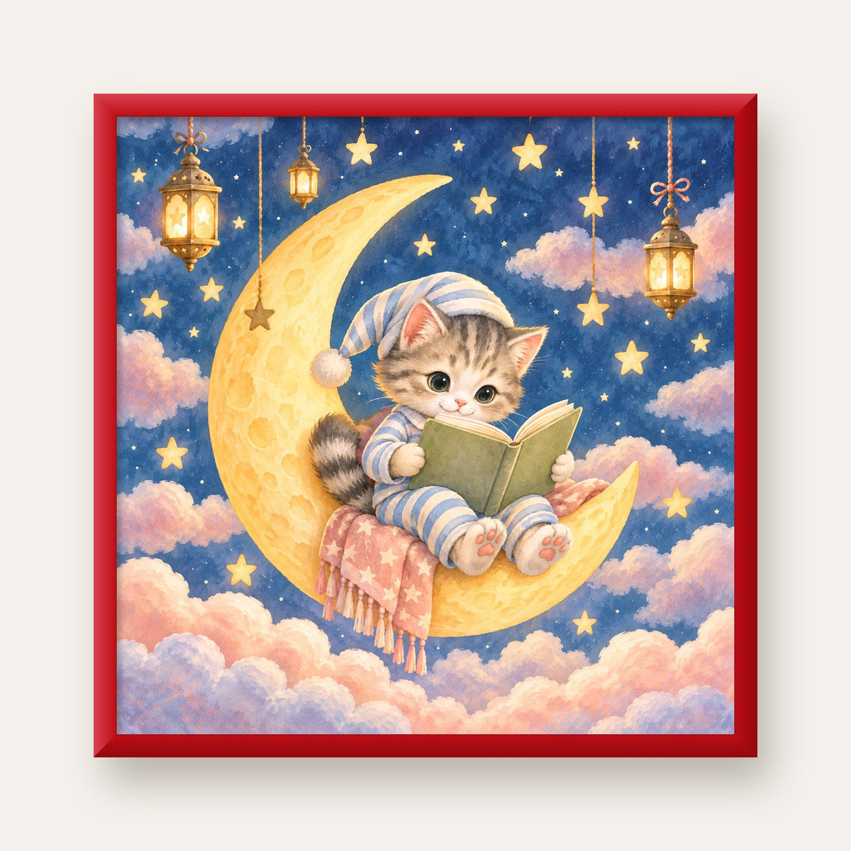 Ayda Kitap Okuyan Sevimli Kedi Pastel Poster — kırmızı çerçeveli