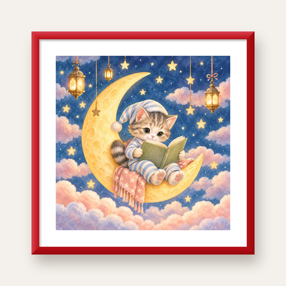 Ayda Kitap Okuyan Sevimli Kedi Pastel Poster — kırmızı çerçeveli paspartulu