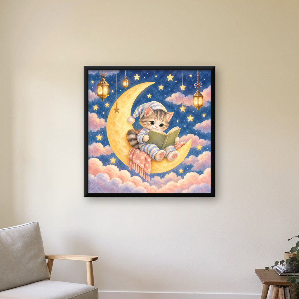 Ayda Kitap Okuyan Sevimli Kedi Pastel Poster — Kare baskı, çerçeveli hâliyle bir ev duvarında