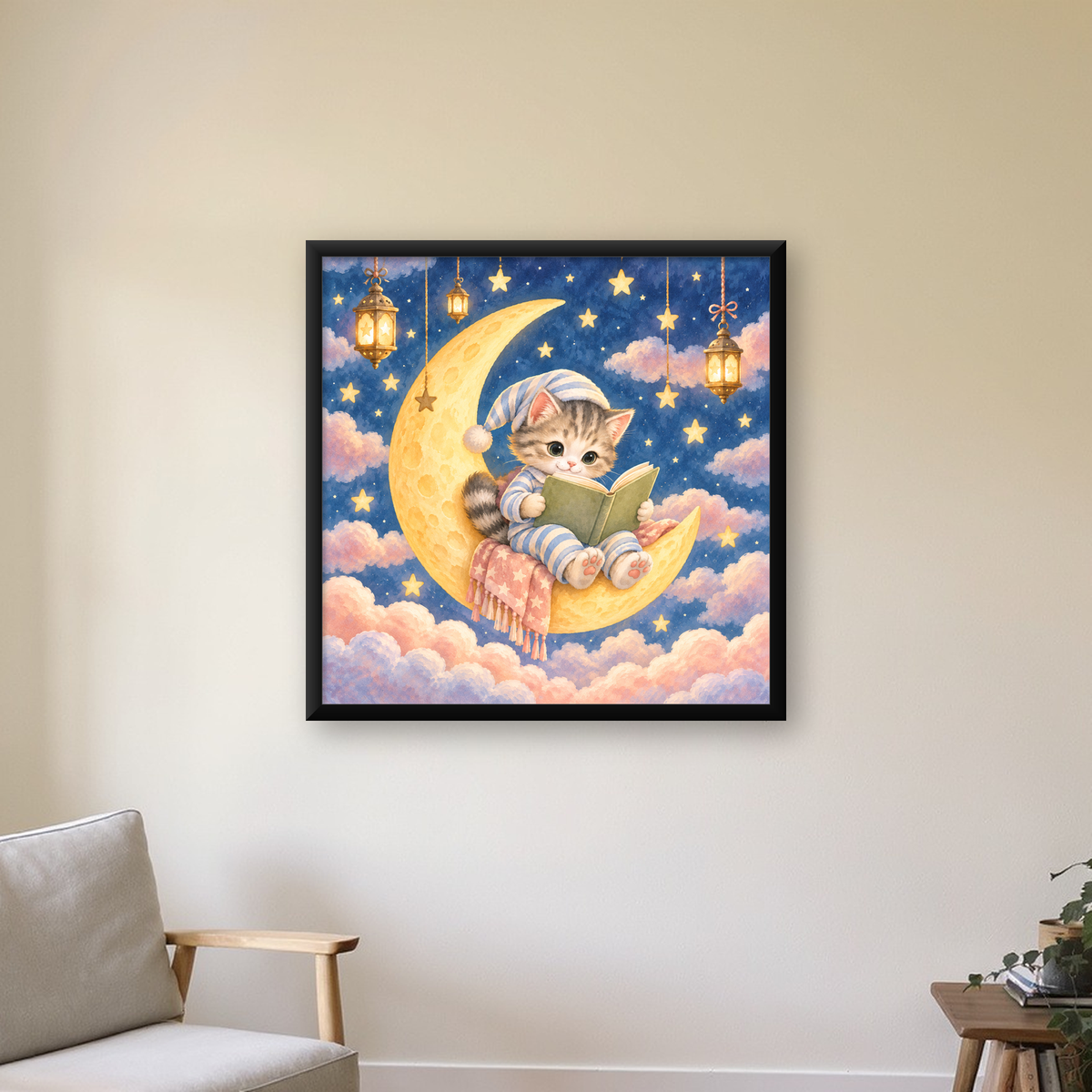 Ayda Kitap Okuyan Sevimli Kedi Pastel Poster — Kare baskı, çerçeveli hâliyle bir ev duvarında