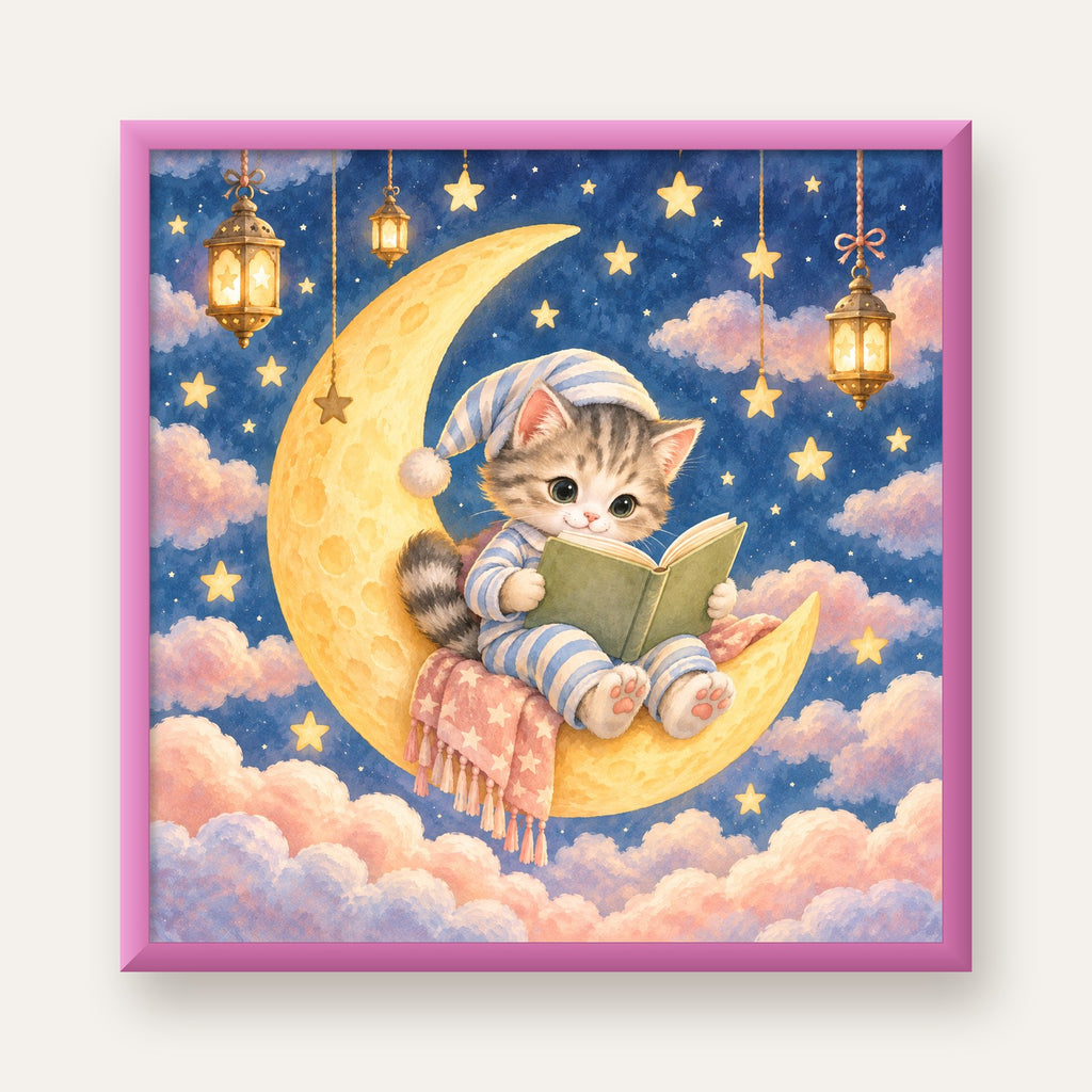 Ayda Kitap Okuyan Sevimli Kedi Pastel Poster — pembe çerçeveli