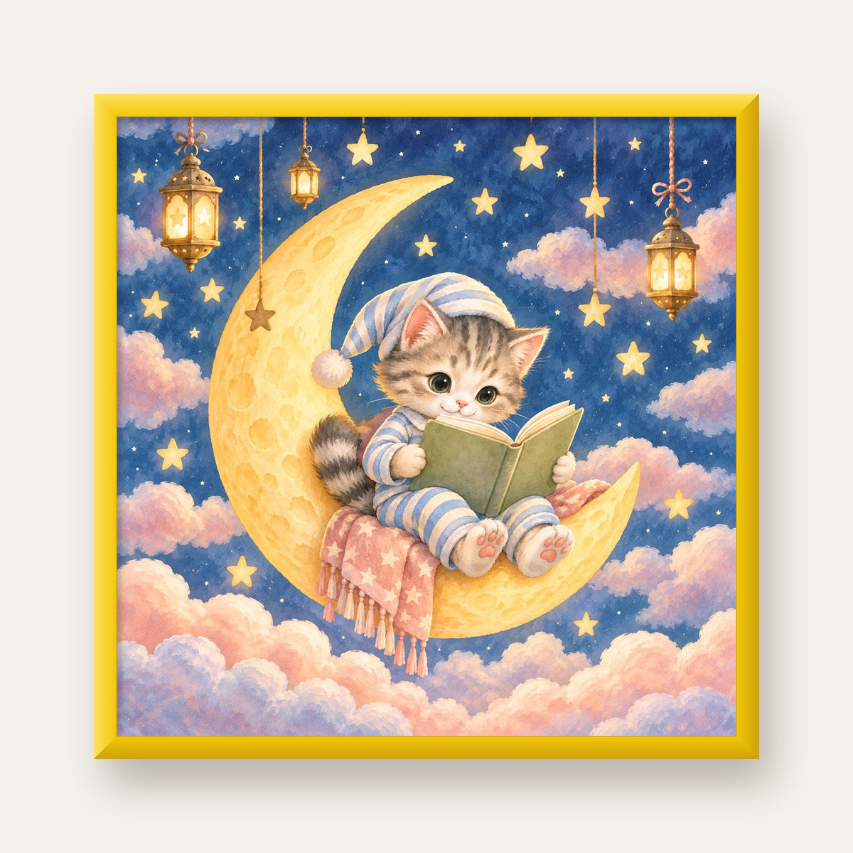 Ayda Kitap Okuyan Sevimli Kedi Pastel Poster — sarı çerçeveli
