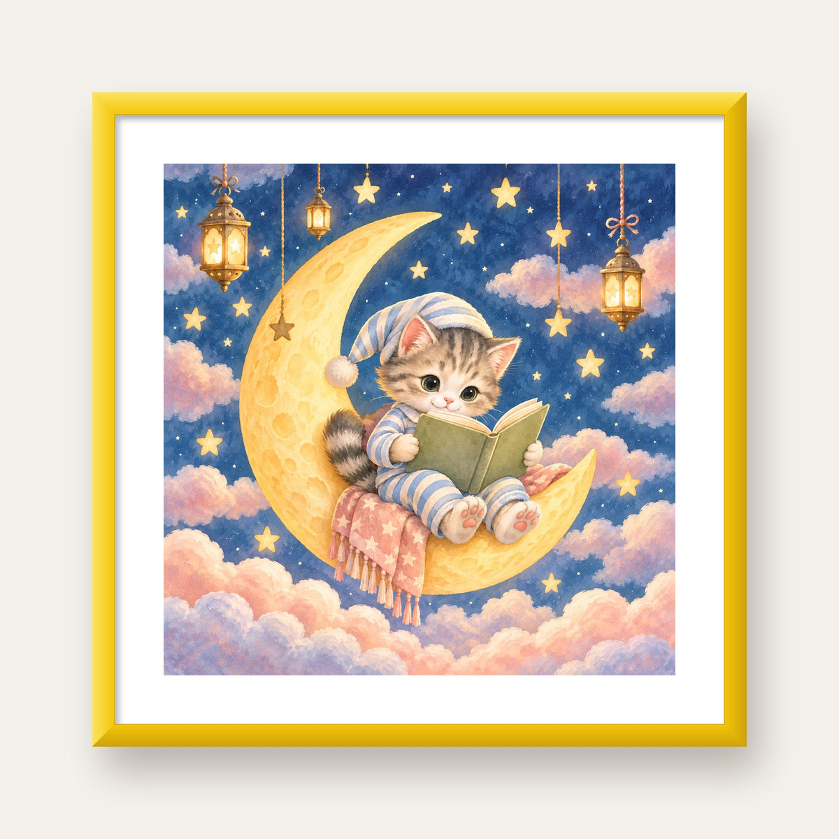 Ayda Kitap Okuyan Sevimli Kedi Pastel Poster — sarı çerçeveli paspartulu