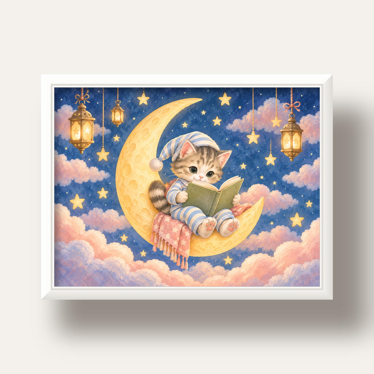 Ayda Kitap Okuyan Sevimli Kedi Pastel Poster — beyaz derin çerçeveli