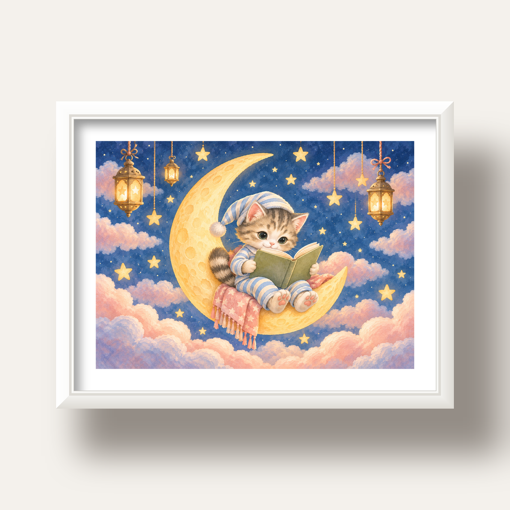 Ayda Kitap Okuyan Sevimli Kedi Pastel Poster — beyaz derin çerçeveli paspartulu