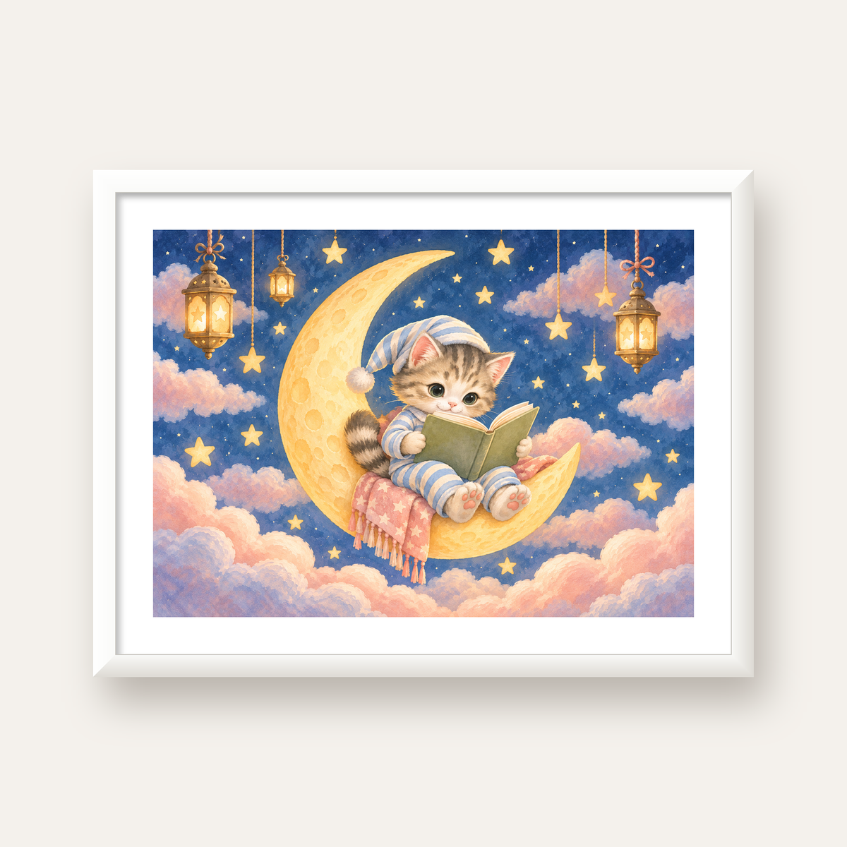 Ayda Kitap Okuyan Sevimli Kedi Pastel Poster — beyaz çerçeveli yatay poster