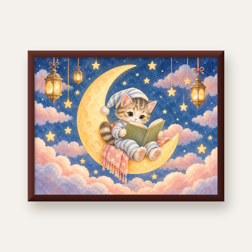 Ayda Kitap Okuyan Sevimli Kedi Pastel Poster — ceviz çerçeveli