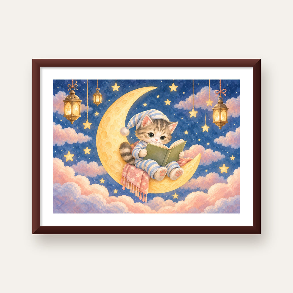 Ayda Kitap Okuyan Sevimli Kedi Pastel Poster — ceviz çerçeveli paspartulu