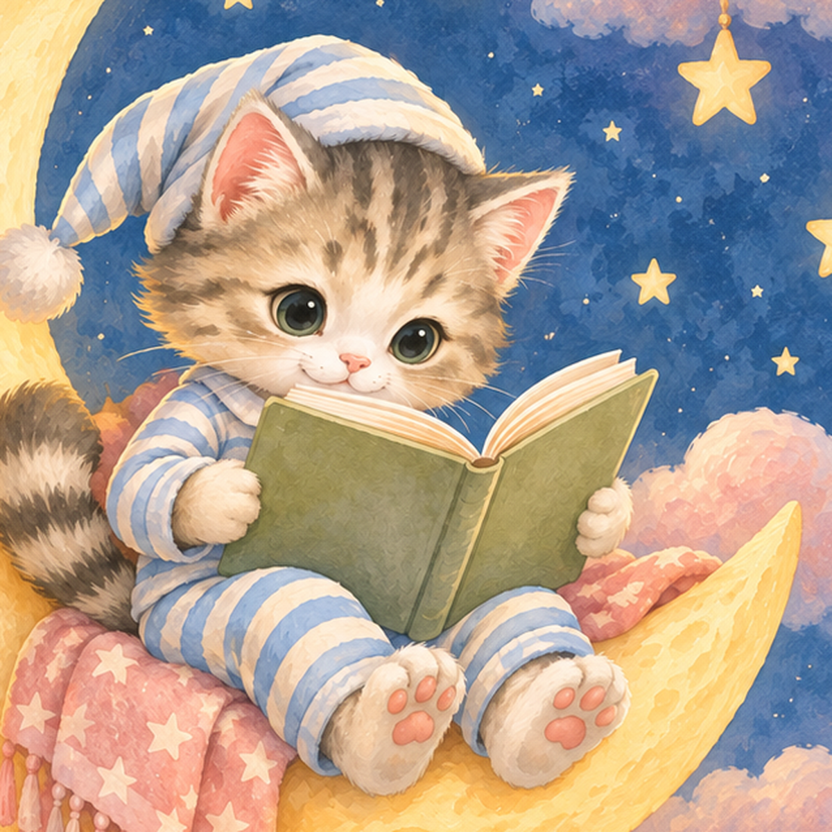 Ayda Kitap Okuyan Sevimli Kedi Pastel Poster — baskının yakın çekimi, kâğıt dokusu ve renk detayı