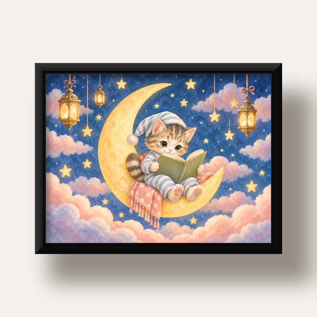 Ayda Kitap Okuyan Sevimli Kedi Pastel Poster — siyah derin çerçeveli