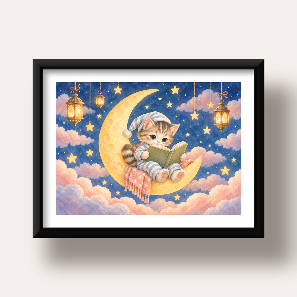 Ayda Kitap Okuyan Sevimli Kedi Pastel Poster — siyah derin çerçeveli paspartulu