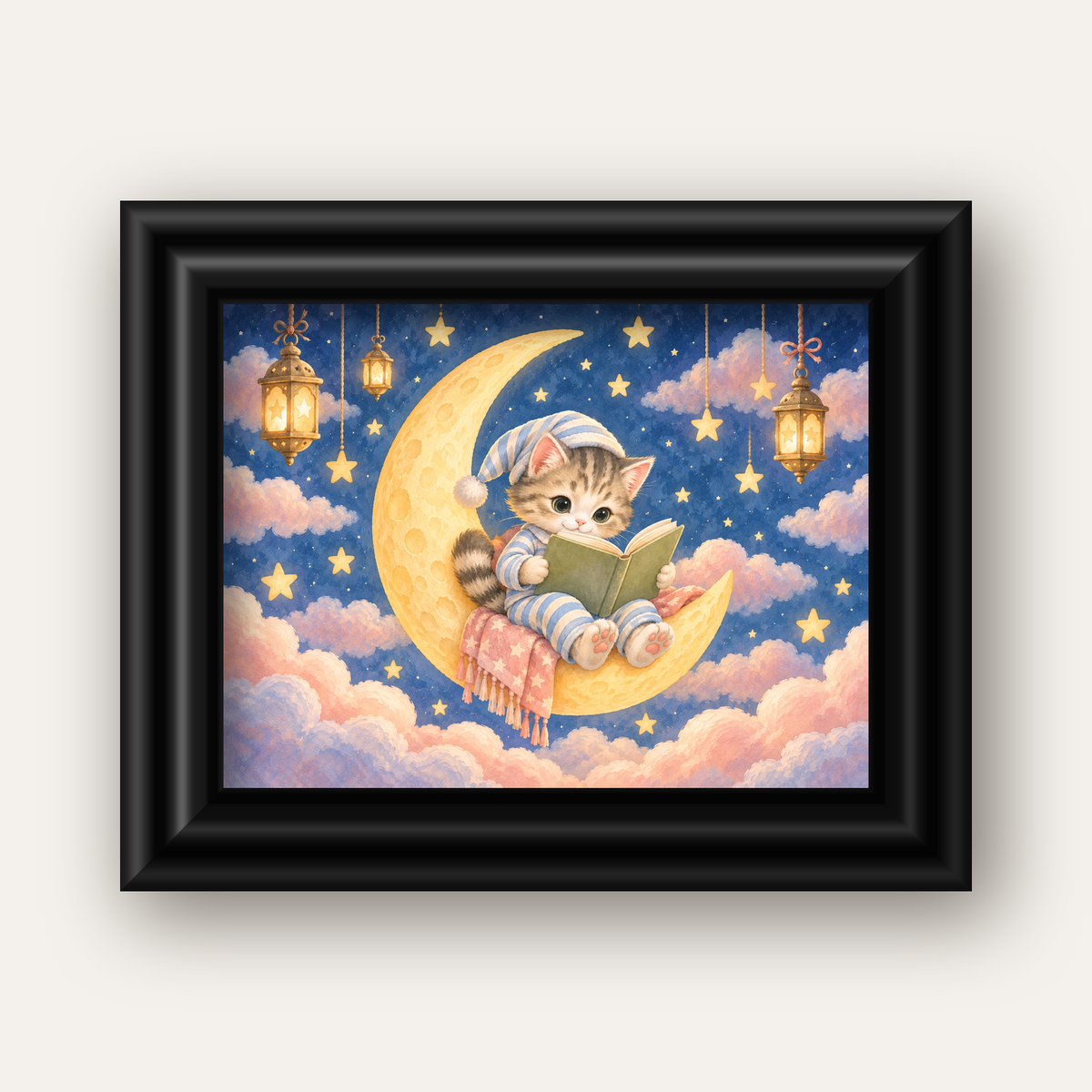 Ayda Kitap Okuyan Sevimli Kedi Pastel Poster — siyah galeri çerçeveli