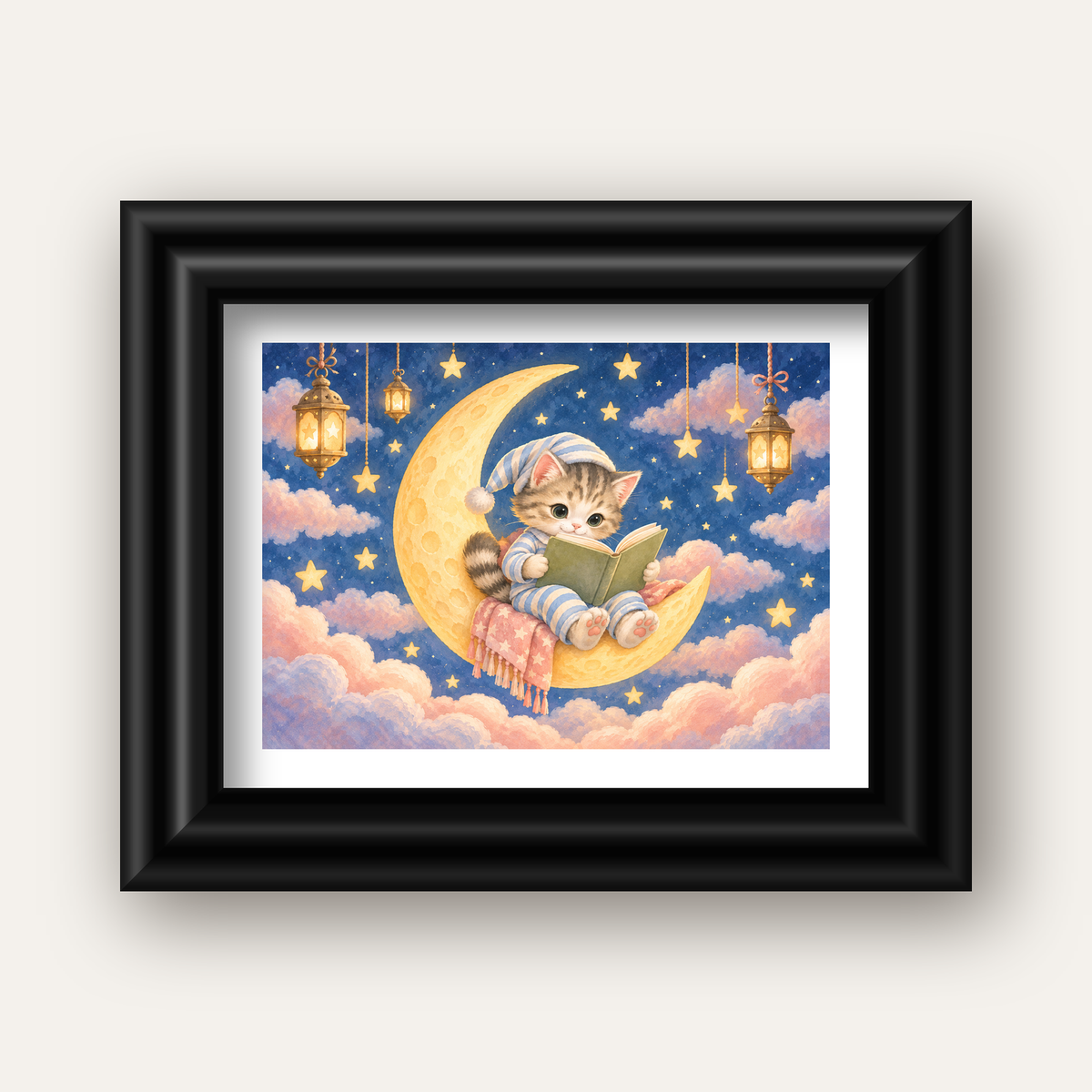 Ayda Kitap Okuyan Sevimli Kedi Pastel Poster — siyah galeri çerçeveli paspartulu